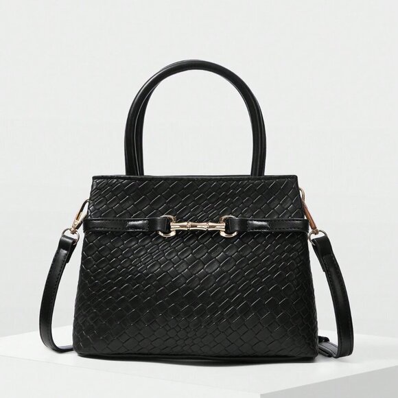 Black Elegant Women's Premium Textured Metallic Buckle Accented Handbag - Picture 2 of 7